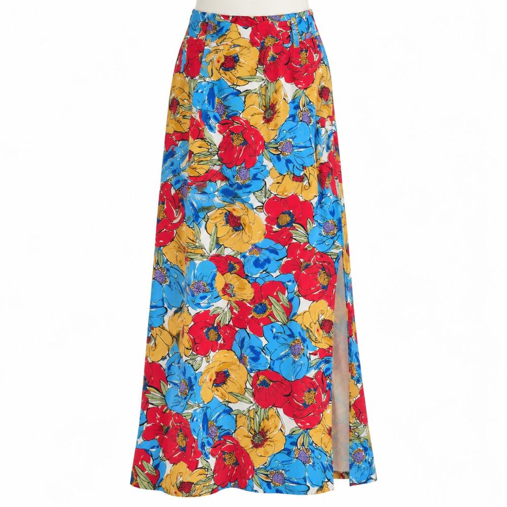 Neon Rose Floral Maxi Skirt Women's XS Blue Red Yellow Side Slit NWT
